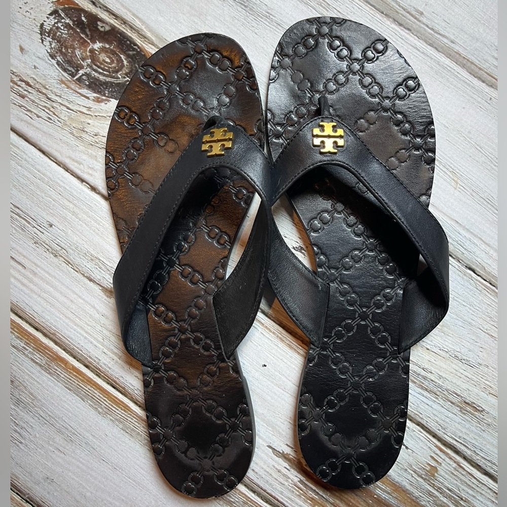 Tory Burch Leather Monroe Thongs Black - Size 9 1/2